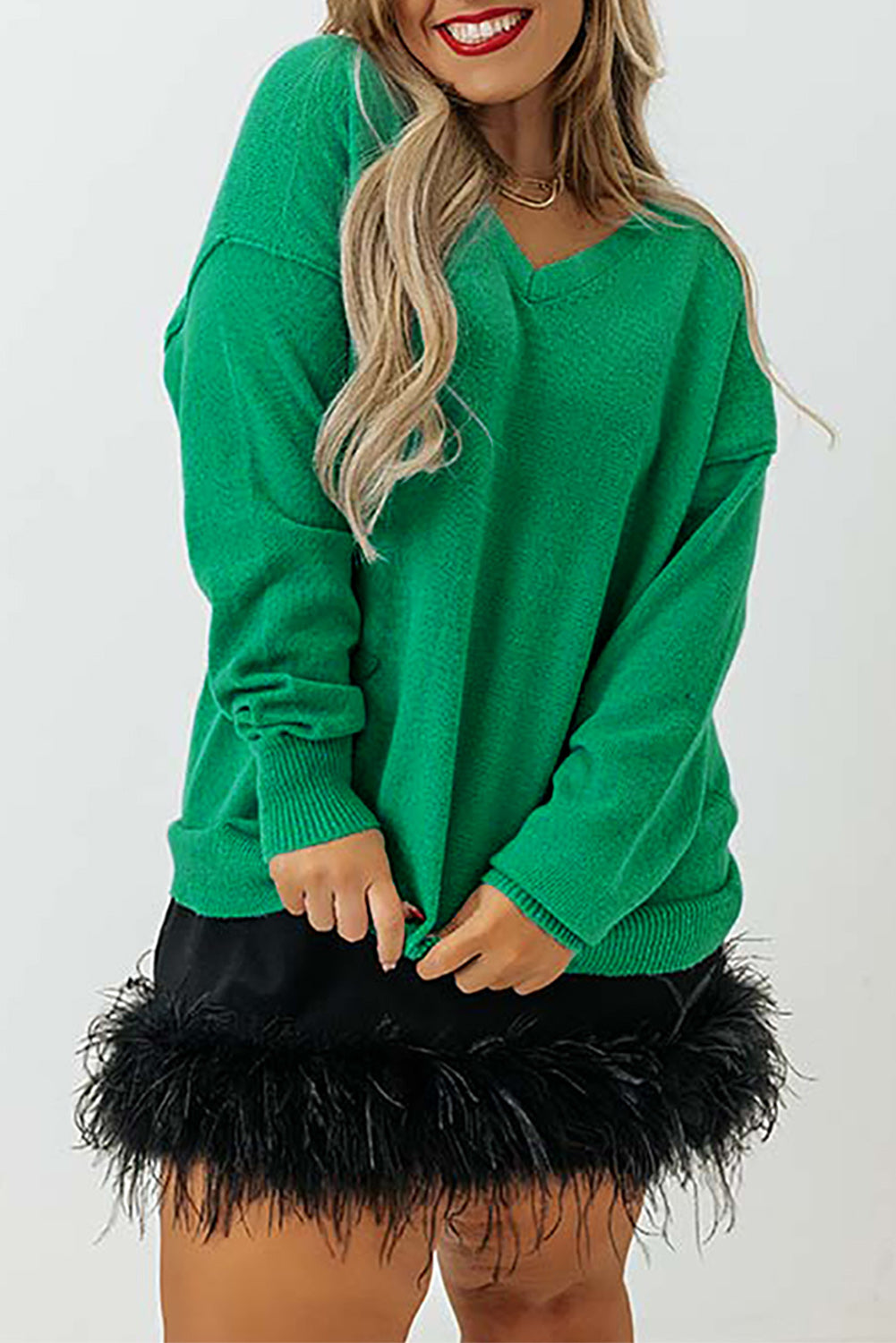 Green Plus Size Drop Shoulder V Neck Sweater - Eloy Royal