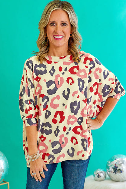 White Plus Size Colorful Leopard Print Batwing Sleeve Top - Eloy Royal