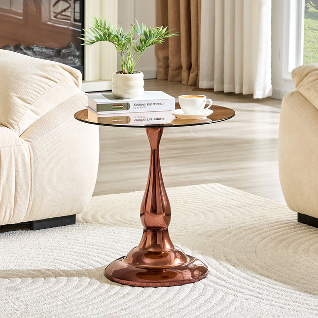 Small metal side table, modern rose gold metal round-edge table with a glass top measuring approximately 19.6 inches in diameter. Ideal for use next to a bed or sofa, in living rooms, bedrooms, etc.
