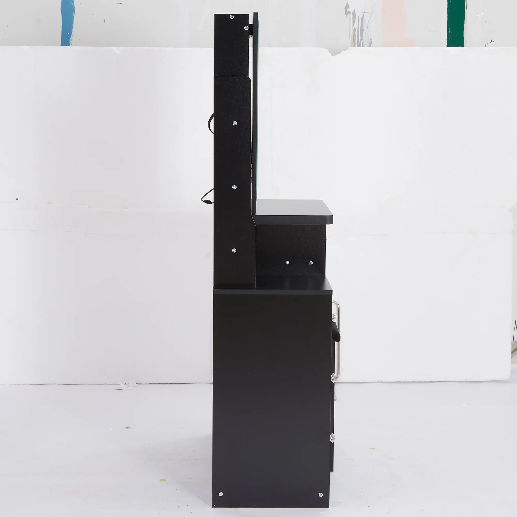 29.2' Small Size Left Bedside Cabinet Vanity Table + Cushioned Stool, 2 AC+2 USB Power Station, Hair dryer bracket, Extra Large Touch Control Sliding LED Mirror, Tri-color Switching, Brightness Adjust - Eloy Royal