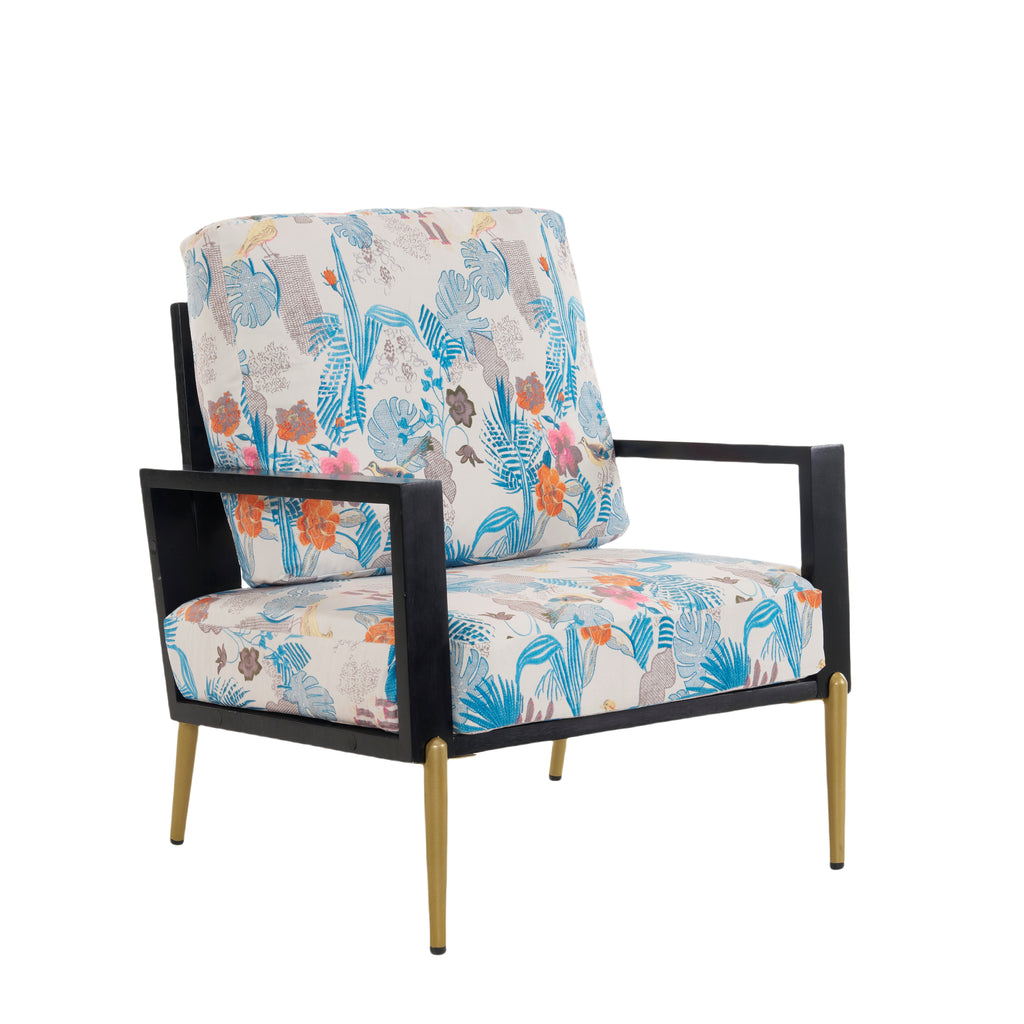 Mid-Century Modern Blue Floral Armchair with Solid Wood Frame, Velvet Upholstery and Adjustable Gold Metal Legs, 28.75 x 29.00 x 35.50 Inches