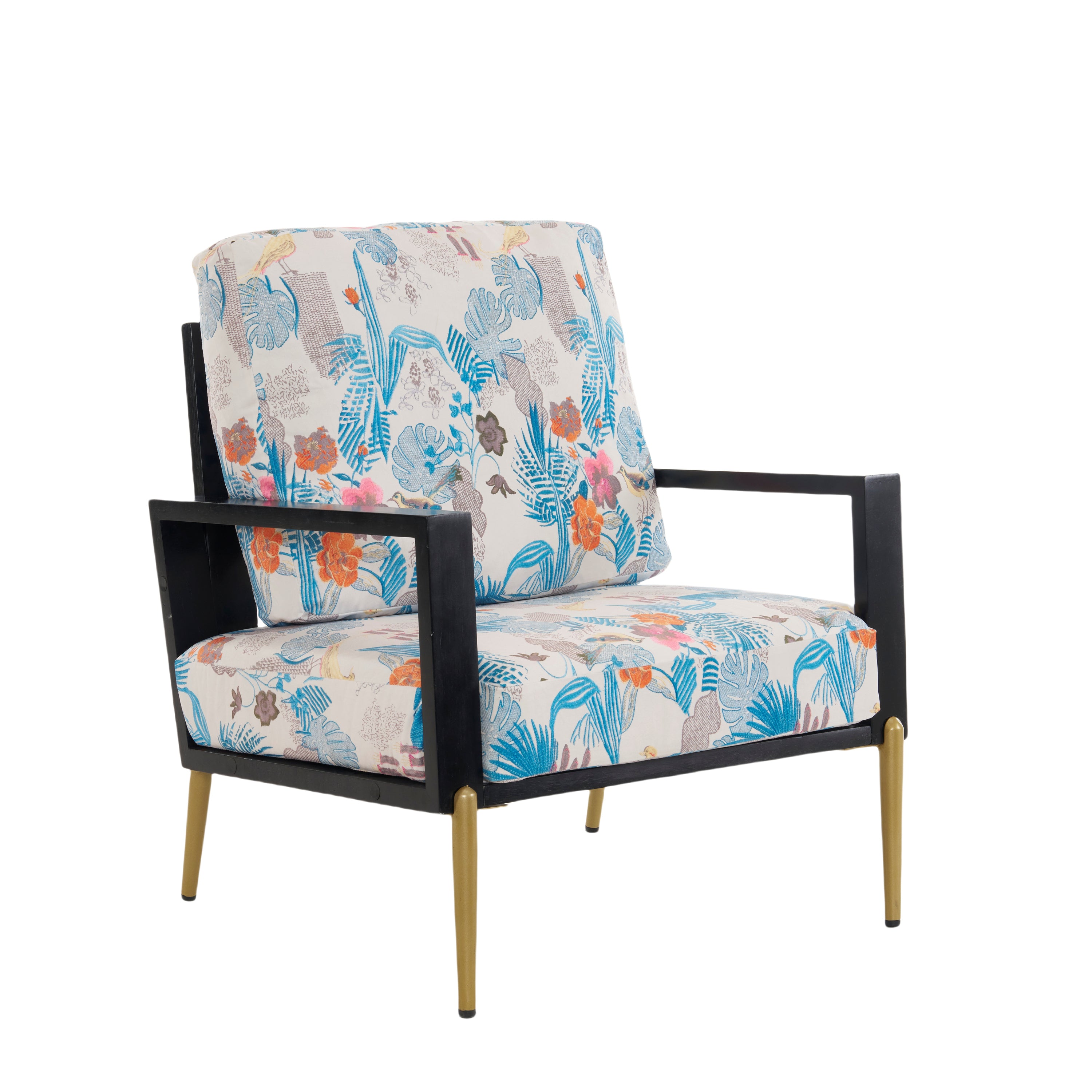 Mid-Century Modern Blue Floral Armchair with Solid Wood Frame, Velvet Upholstery and Adjustable Gold Metal Legs, 28.75 x 29.00 x 35.50 Inches