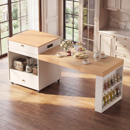 78.8' Rolling Kitchen Island with 3-Stage Extendable Dining Table (Seats 6-8), Built-in Power Outlet, Ample Storage Drawers & Cabinets, Mobile on Wheels - High-Density MDF, Easy Assembly