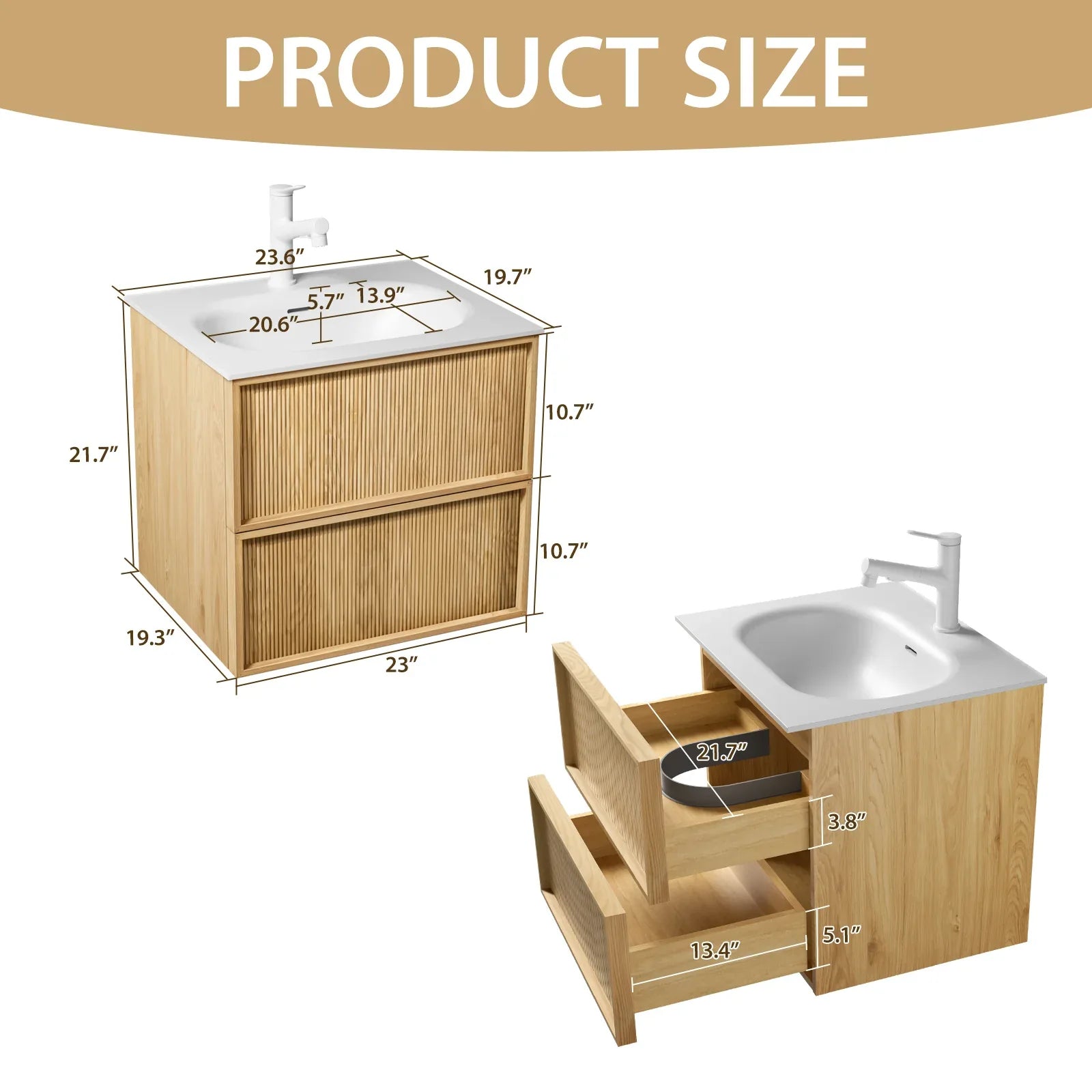 24-Inch Floating Bathroom Vanity with Sink - Natural Oak Fluted Front, Multi-Layer Solid Wood, Wall-Mounted, White Stone Top, 2 Soft-Close Drawers - Eloy Royal