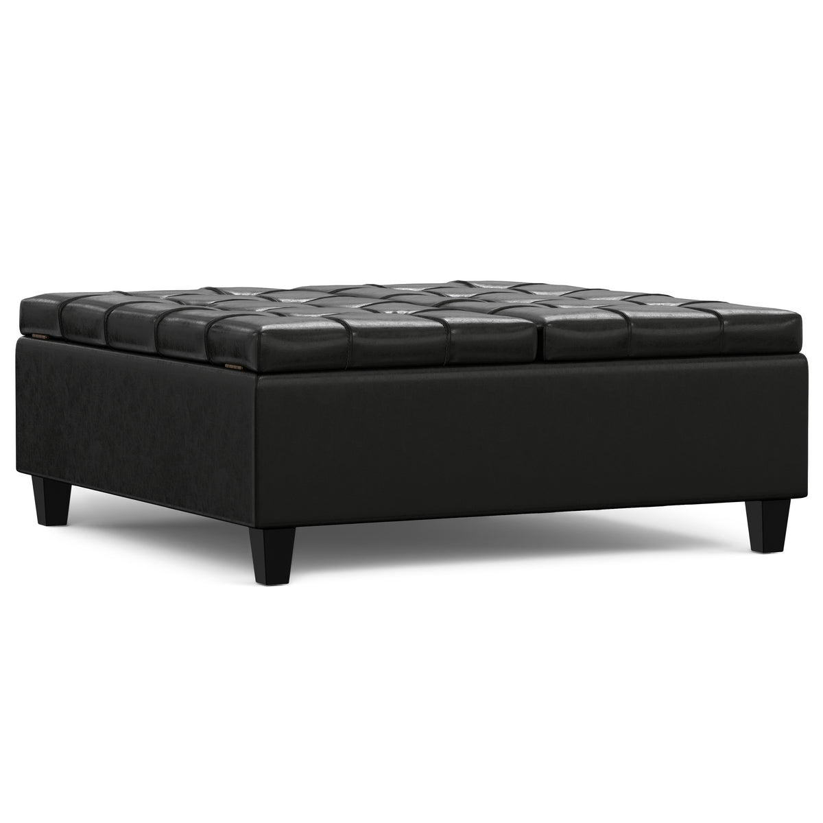 Harrison 40 inch Wide Large Square Coffee Table Storage Ottoman in Midnight Black Vegan Leather