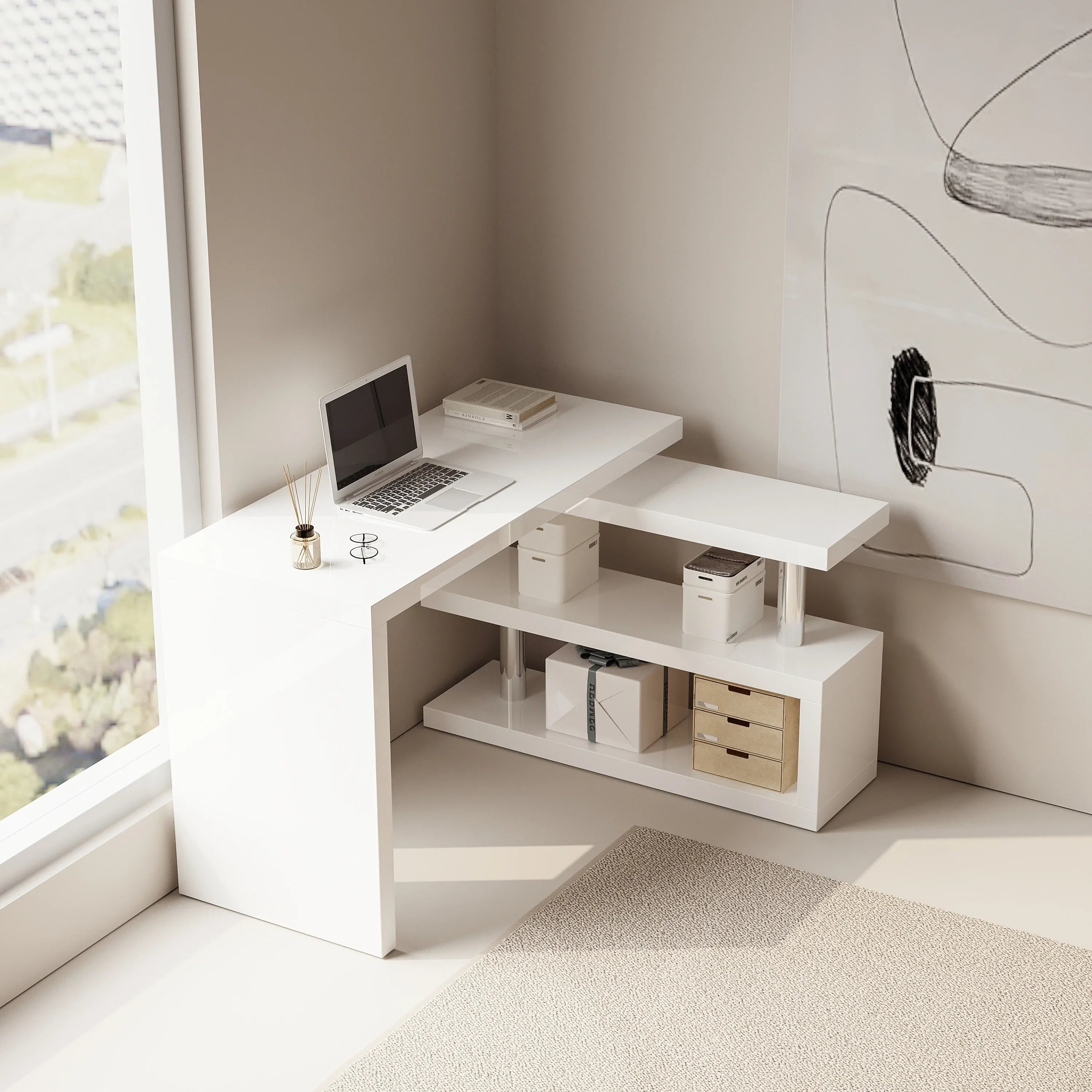 Modern 47'L Swivel Top Desk-High Gloss White - Eloy Royal