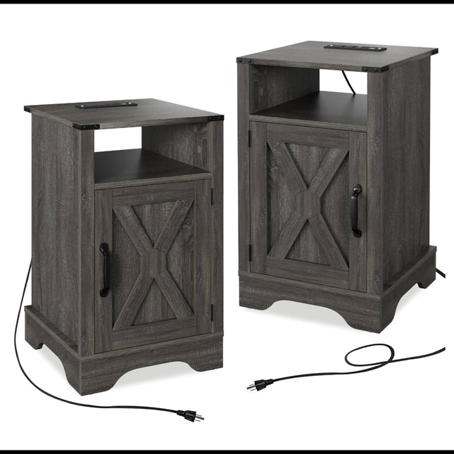 Set of 2 Dark Grey Farmhouse Nightstands with Charging Station & Storage, 16'W x 16'D x 25'H, Engineered Wood