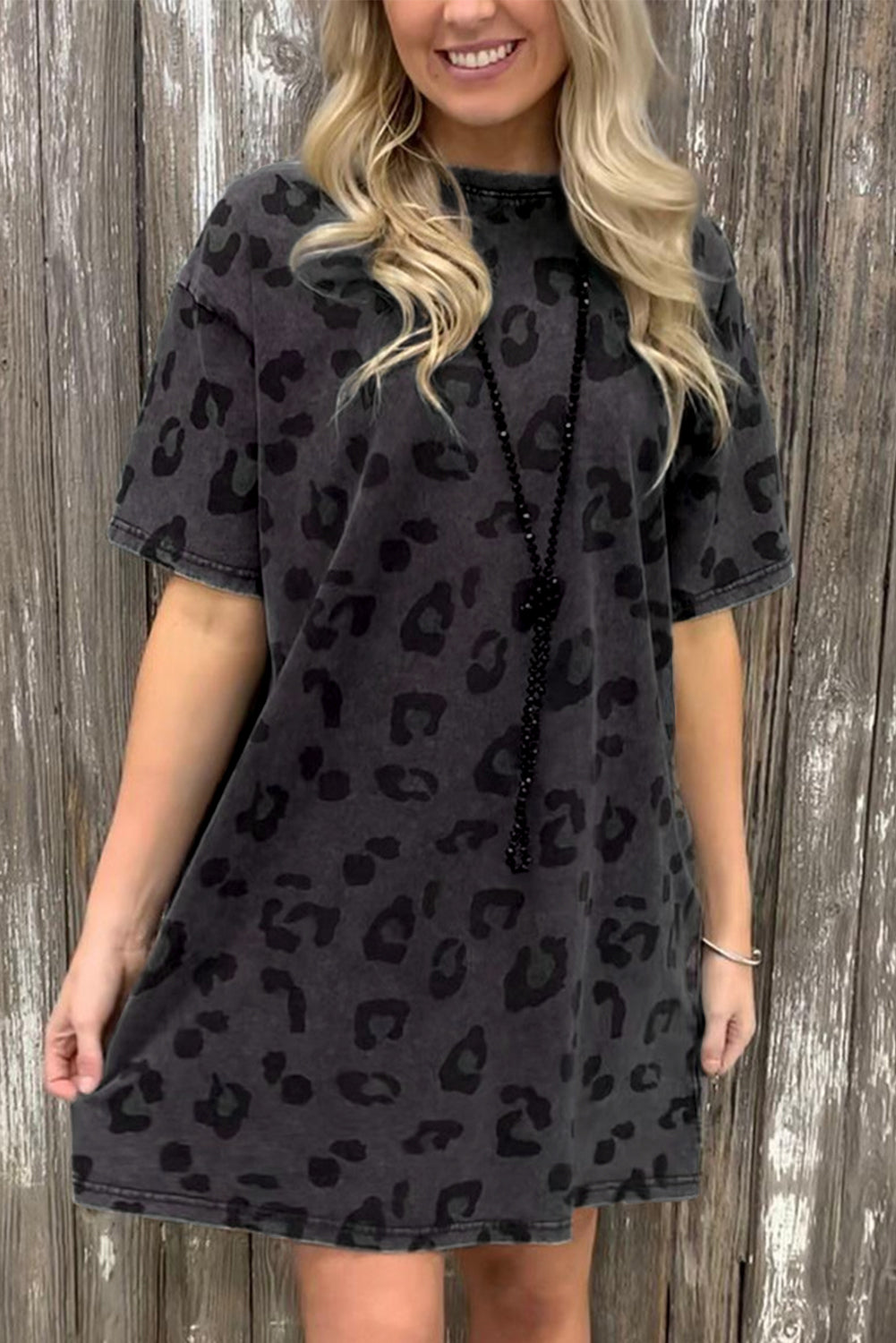 Gray Short Sleeve Casual Leopard Print Dress With Pockets - Eloy Royal