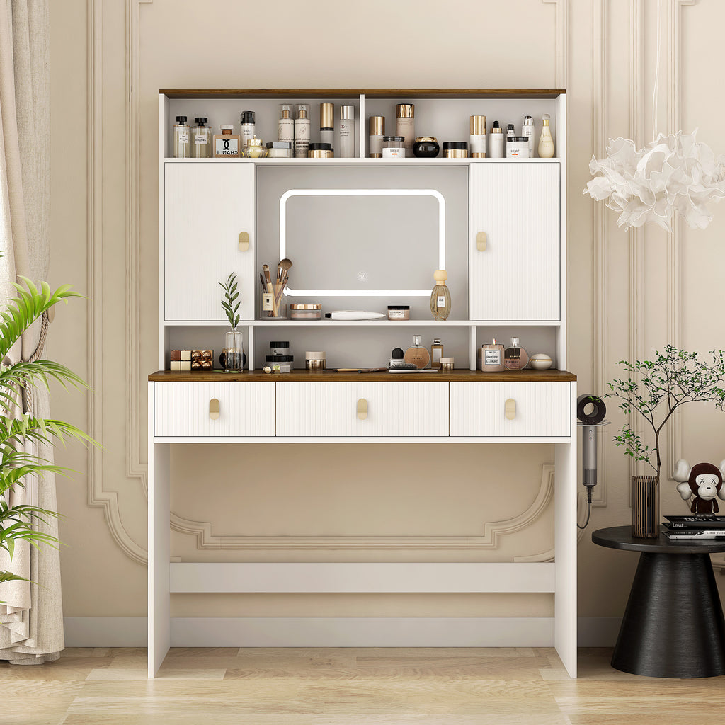 Farmhouse Dressing Table Makeup Table, 43' Wide Dressing Table with Lighted Mirror and Makeup Drawer, Large Modern Dressing Table Set with Hair Dryer Holder for Bedroom, White