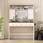 Farmhouse Dressing Table Makeup Table, 43' Wide Dressing Table with Lighted Mirror and Makeup Drawer, Large Modern Dressing Table Set with Hair Dryer Holder for Bedroom, White