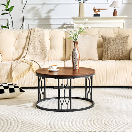 Walnut-colored Round MDF Coffee Table, 27.5-inch Diameter. A round coffee table for the living room featuring a rustic industrial design, with sturdy metal frame legs and easy assembly.