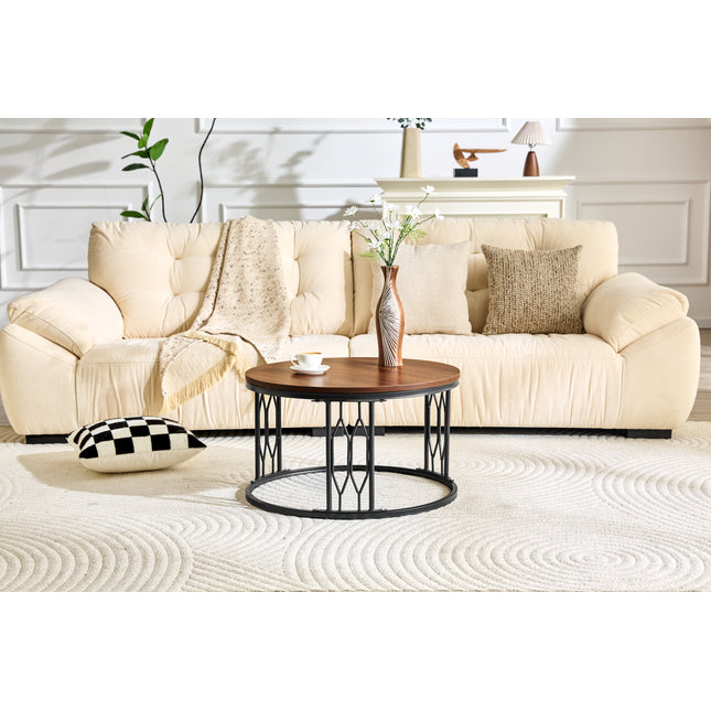 Walnut-colored Round MDF Coffee Table, 27.5-inch Diameter. A round coffee table for the living room featuring a rustic industrial design, with sturdy metal frame legs and easy assembly.