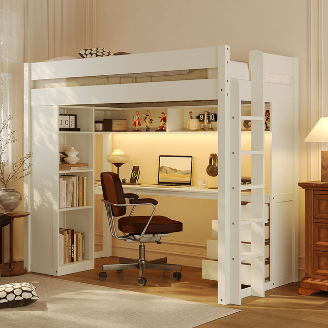 Twin Size Solid Wood Loft Bed with L-Shaped Desk and 4 Drawers, Ash Veneer High Loft Bed with Smart APP Control LED Light Strip, USB Charging Ports and 4-Tier Open Shelves, White