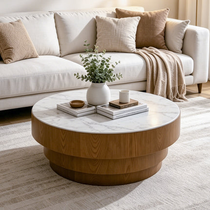 31.5' Round Coffee Table with Sintered Stone Top - MDF with Wood Veneer Tiered Base, Modern Low Profile Coffee Table for Living Room,White