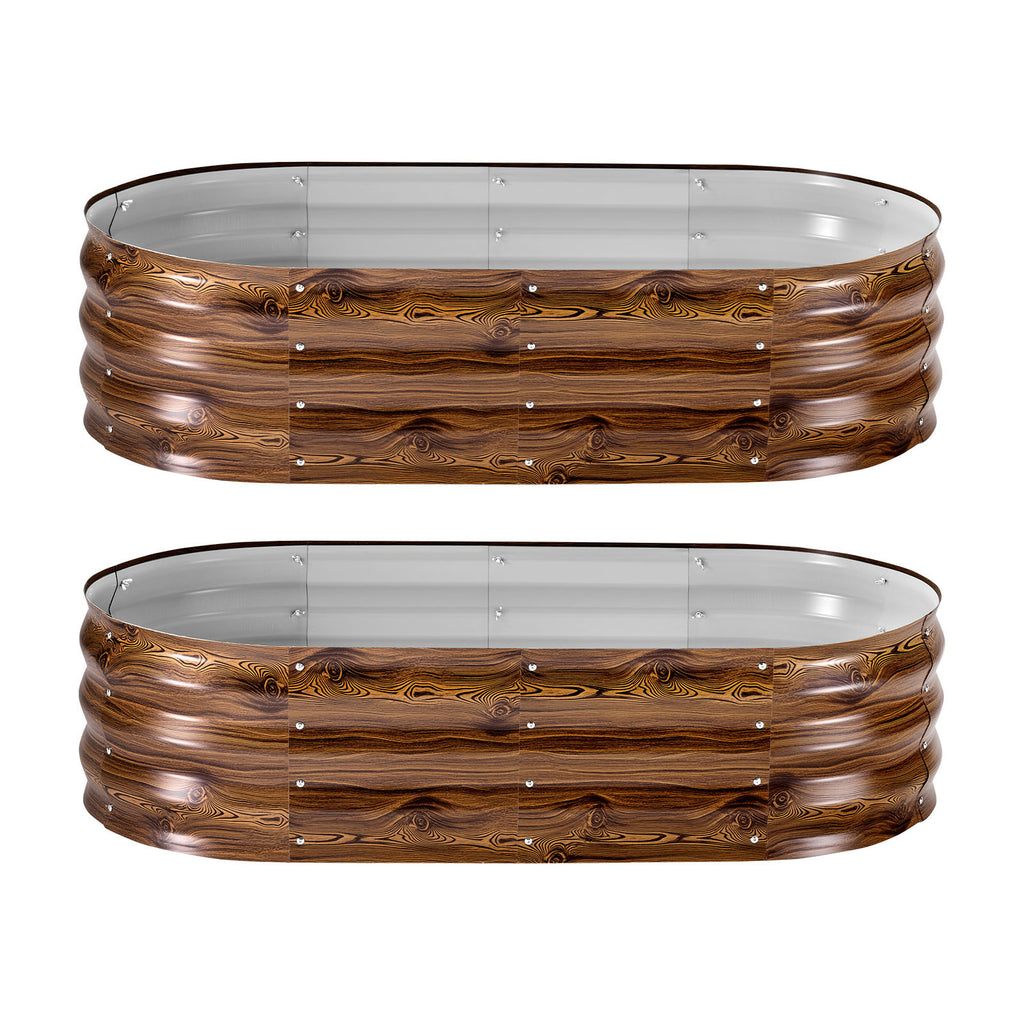 2 Pack Galvanized Raised Garden Beds, 4 x 2 x 1 ft, Oval Metal Planter Boxes Kit Outdoor, Bottomless Elevated Garden Box with Gloves, Alu-Zinc, for Planting Flowers Vegetables, Deep Wood Grain