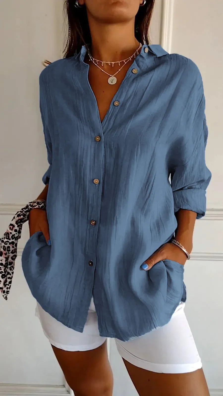 Lapel Long Sleeve Shirt Women's Single-breasted Pleated Shirt