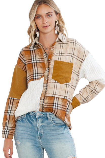 Wholesale Orange Plaid Color Block Patchwork Pocket Shirt Shacket - Eloy Royal