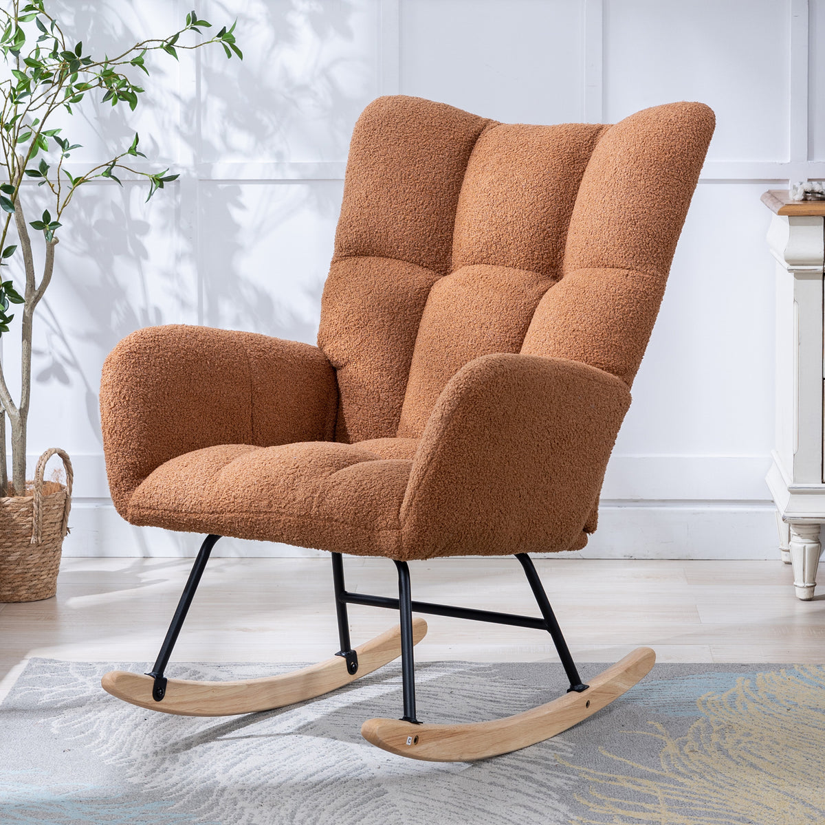 Teddy Fabric Wingback Glider Rocker with Side Storage Pocket, Soft Comfy Nursing Rocking Chair, Sturdy Safe Solid Wood Base, Multiuse Accent Chair for Nursery & Living Room,Brown.