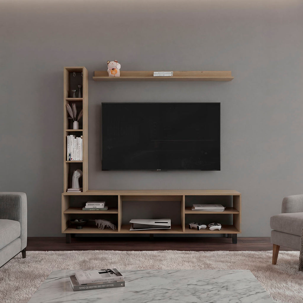 Scio Modern TV Stand with Open Shelves and Storage for TVs Up to 65', Natural Oak