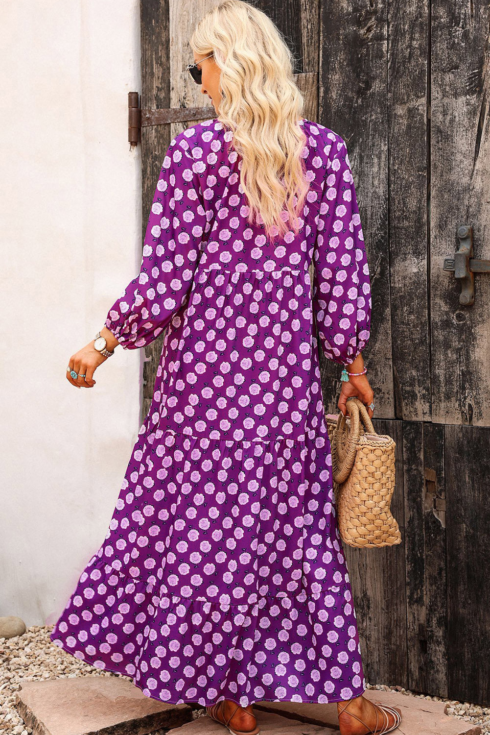 Purple Boho Printed V Neck Puff Sleeve Maxi Dress - Eloy Royal