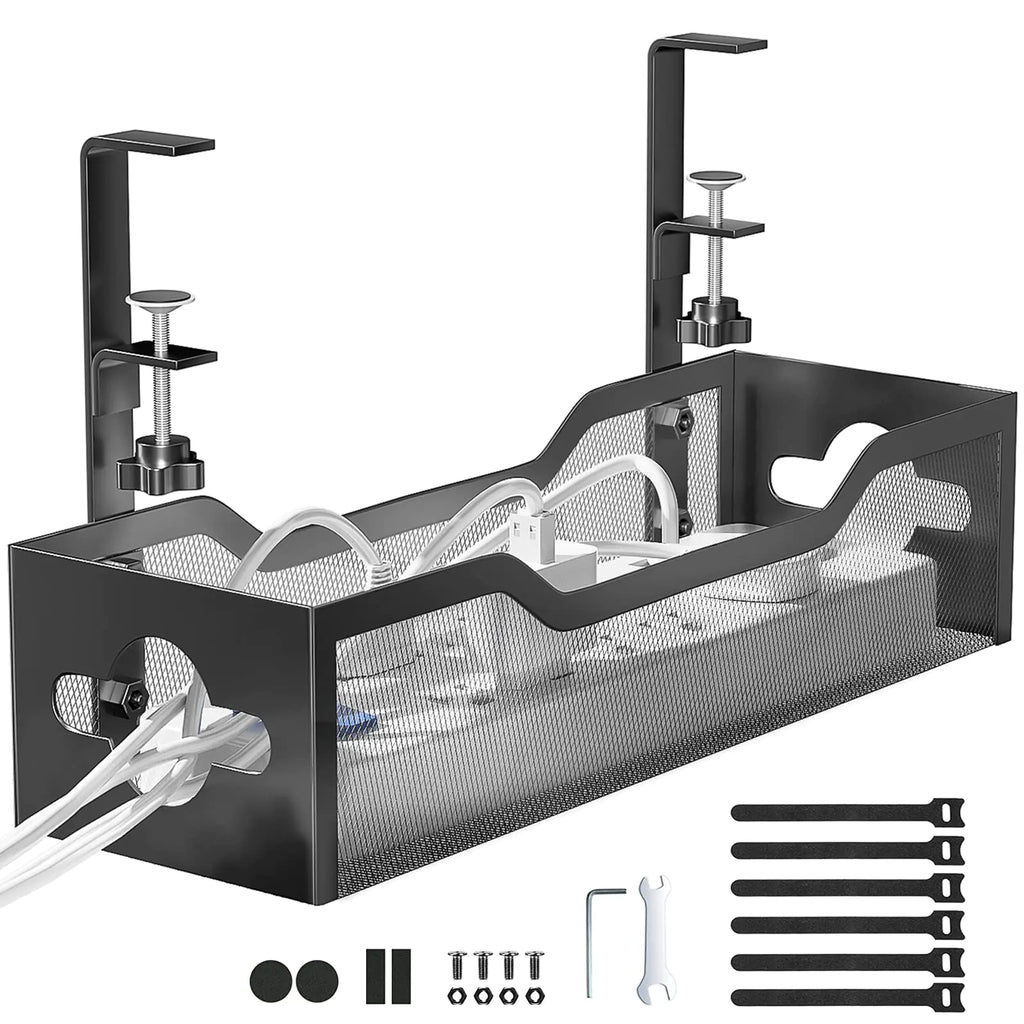 Under Desk Cable Management Tray No Drill Metal Mesh Cable Management Under Desk with Clamp Mount 2 Hole Cable Tray with Desk Wire Management and Desk Cord Organizer for Home Office Standing Desk Black 13.38"
