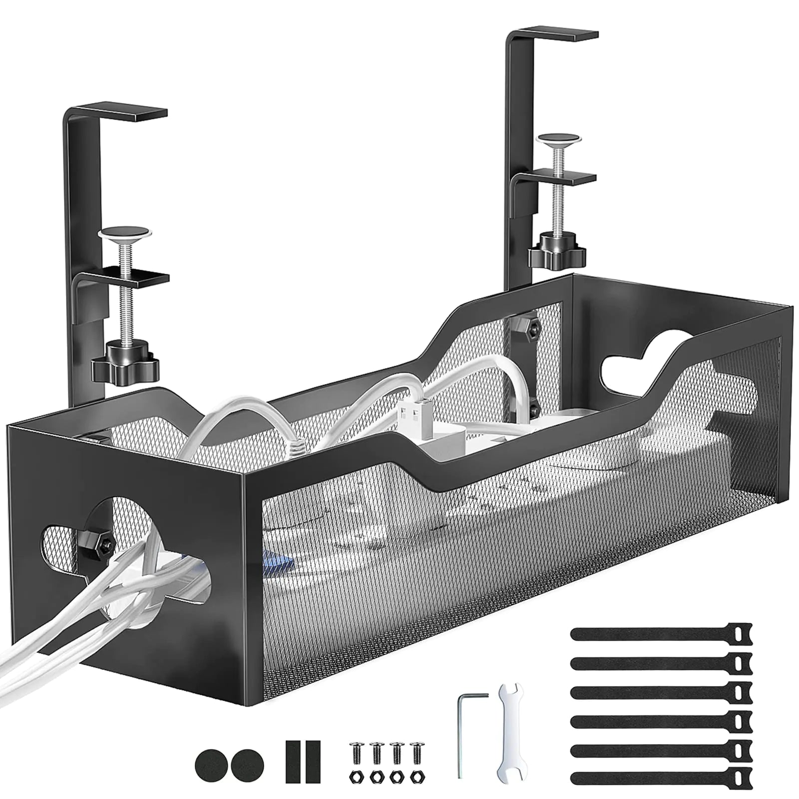 Under Desk Cable Management Tray No Drill Metal Mesh Cable Management Under Desk with Clamp Mount 2 Hole Cable Tray with Desk Wire Management and Desk Cord Organizer for Home Office Standing Desk Black 13.38"