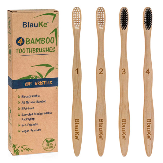 Bamboo Toothbrush Set 4-Pack - Bamboo Toothbrushes with Soft Bristles for Adults - Eco-Friendly, Biodegradable, Natural Wooden Toothbrushes