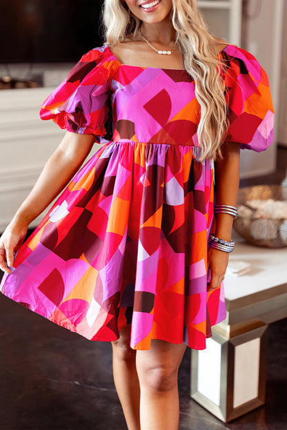 Red Abstract Print Square Neck Puff Sleeve Dress - Eloy Royal