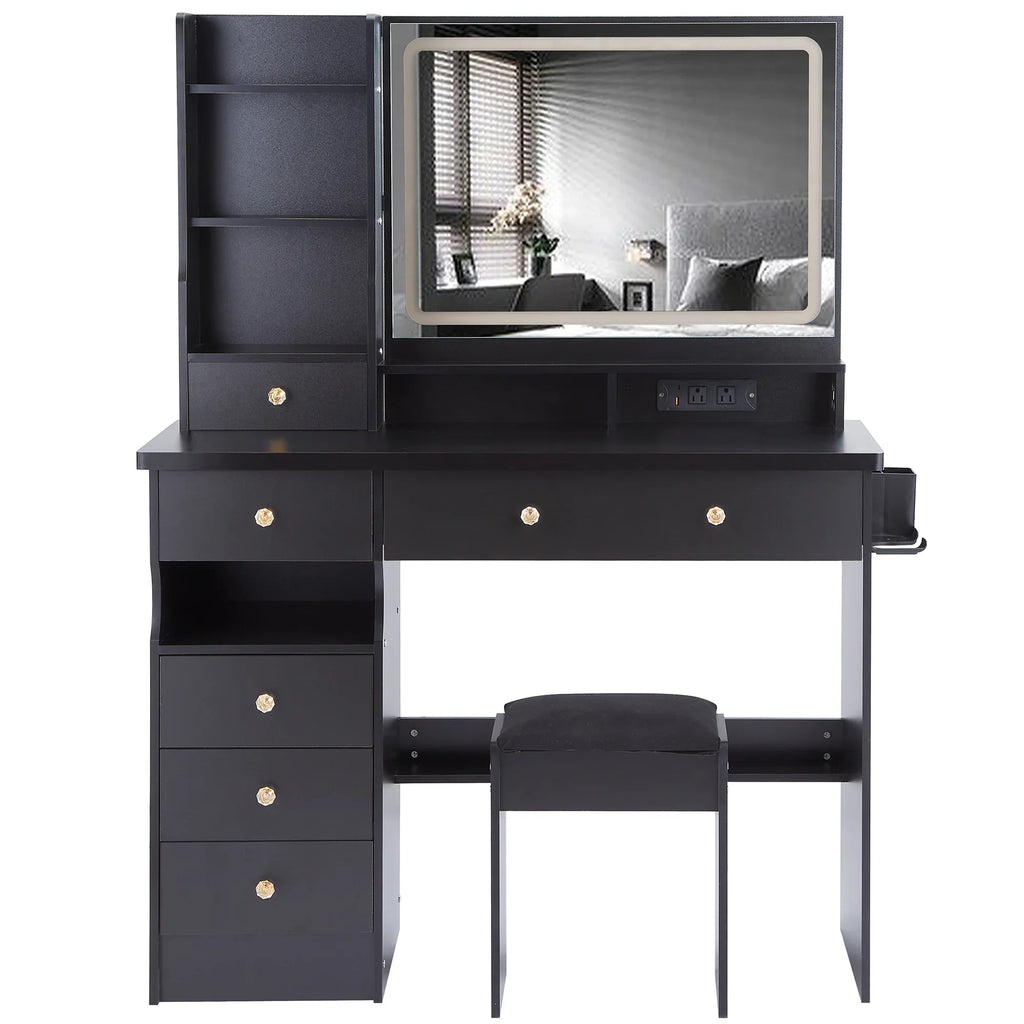 41' Large Size Left Drawer Desktop Vanity Table+Cushioned Stool Dresser Set, 2 AC+2 USB Power Station, Hair Dryer Stand, Extra Large Touch Control LED Mirror, 3-color Switch, EPA, GCC, UL Certificate - Eloy Royal