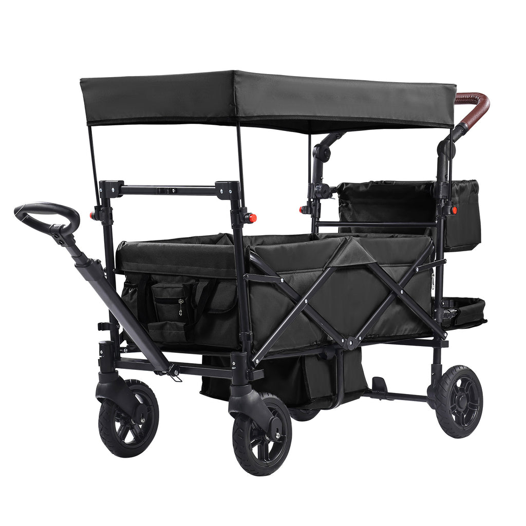 Wagon Stroller for 2 Kids, Push Pull Quad Collapsible Stroller with Adjustable Handle, Encircling Harness Removable Canopy, 4 Wheels with Brakes, Mutifunction Tandem Stroller for Camping Black