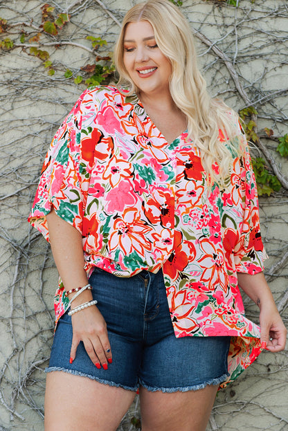 Rose Plus Size Floral Print Boho Kimono Sleeve Shirt - Eloy Royal