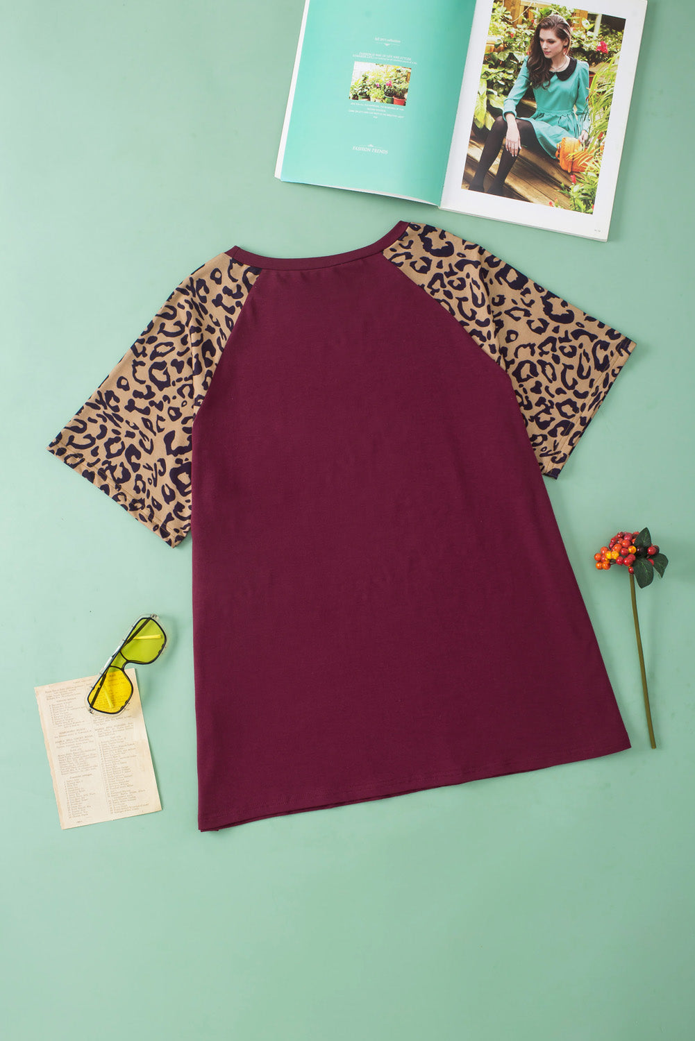 Burgundy Contrast Leopard Raglan Sleeve Plus Size T-shirt - Eloy Royal