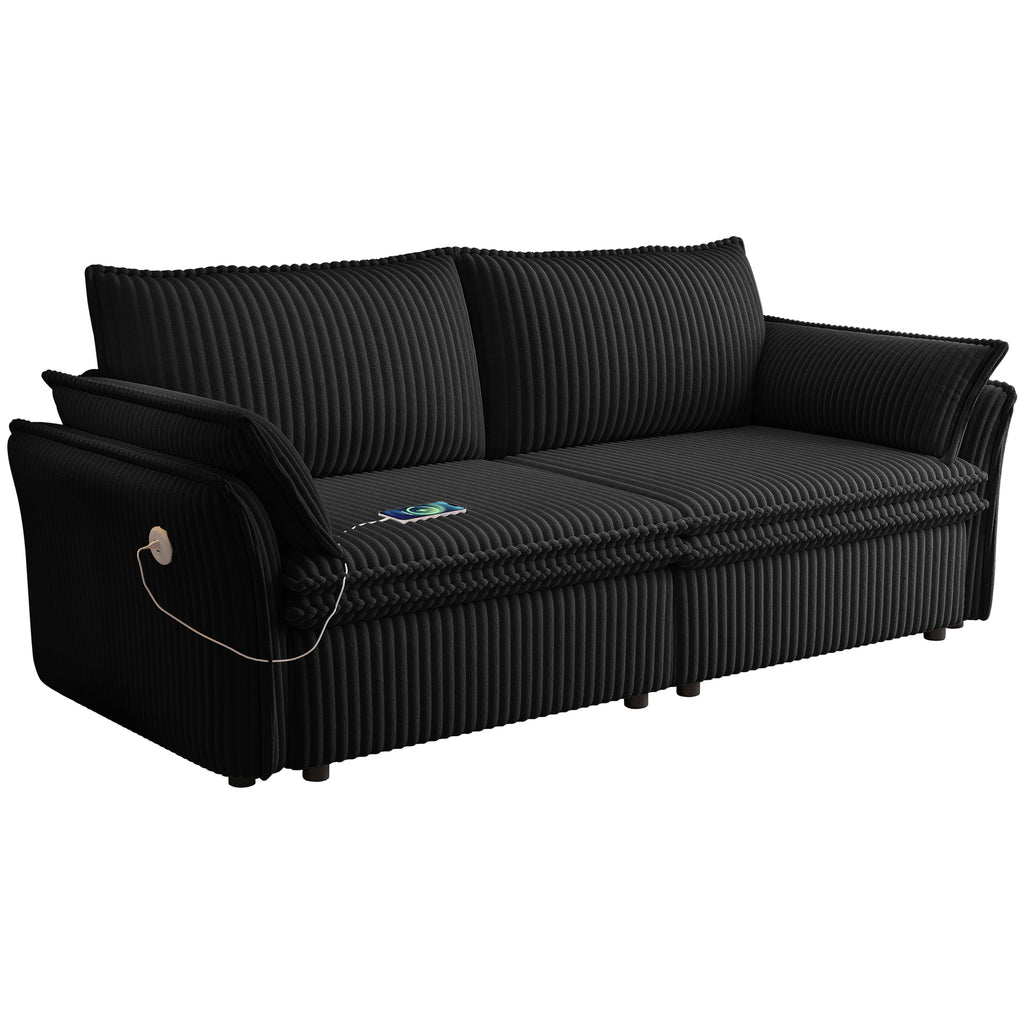 Modern Two-in-One Sofa Bed with Plush Corduroy Upholstery, Black, 85-Inch Convertible for Living Room Use
