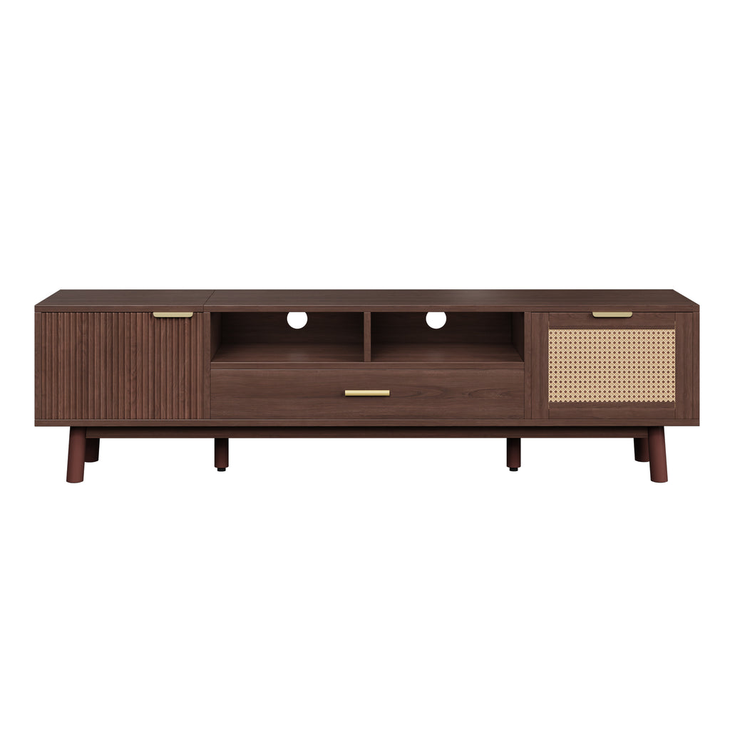 Wood Fashionable TV Stand for 75' TVs with Soft-Closing Doors, Dark Brown Modern Console with Rattan Accents and Drop-Down Cabinet, Solid Wood and MDF Construction