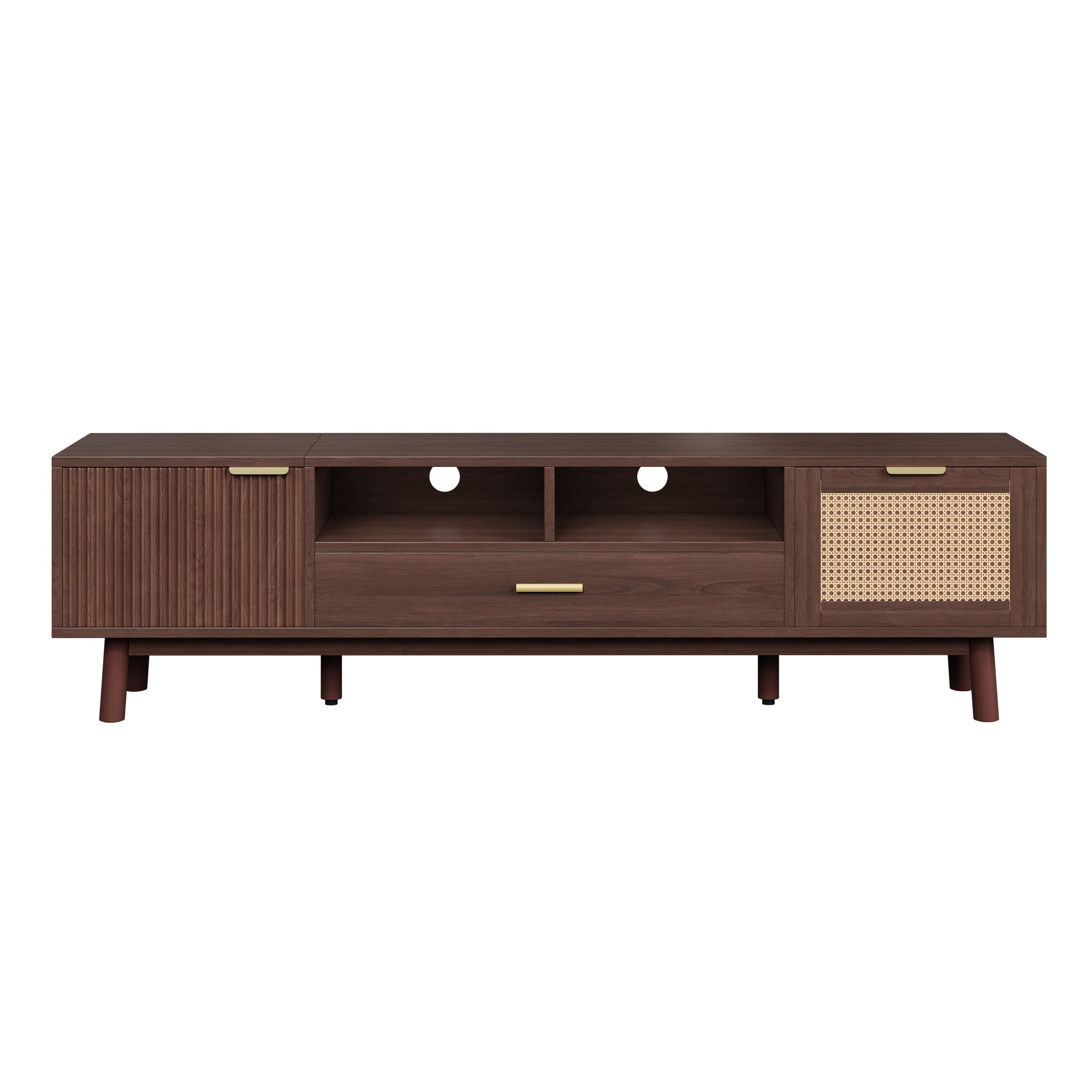 Wood Fashionable TV Stand for 75' TVs with Soft-Closing Doors, Dark Brown Modern Console with Rattan Accents and Drop-Down Cabinet, Solid Wood and MDF Construction