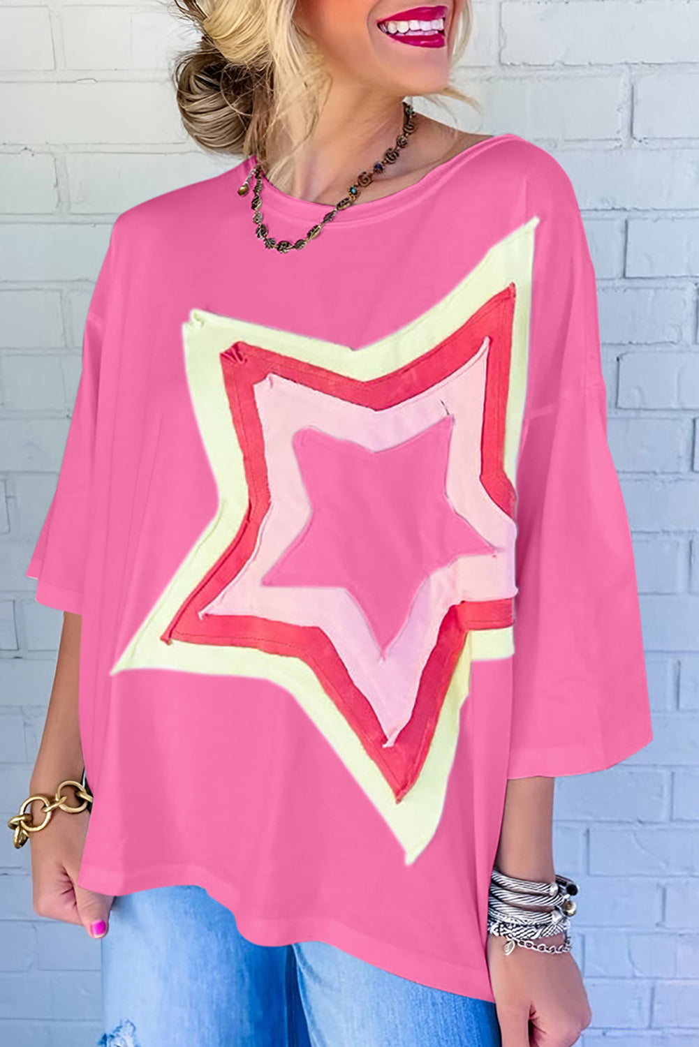 Light Pink Colorblock Star Patched Half Sleeve Oversized Tee - Eloy Royal