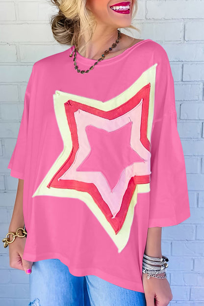 Light Pink Colorblock Star Patched Half Sleeve Oversized Tee - Eloy Royal