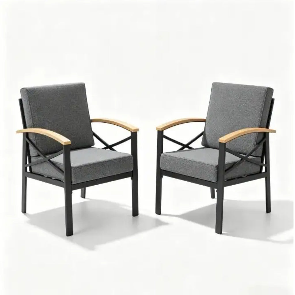 Heavy-Duty Metal Outdoor Patio Armchair Set of 2, All-Weather Gray Cushioned Chairs with Black Powder-Coated Frame and Washable Fabric