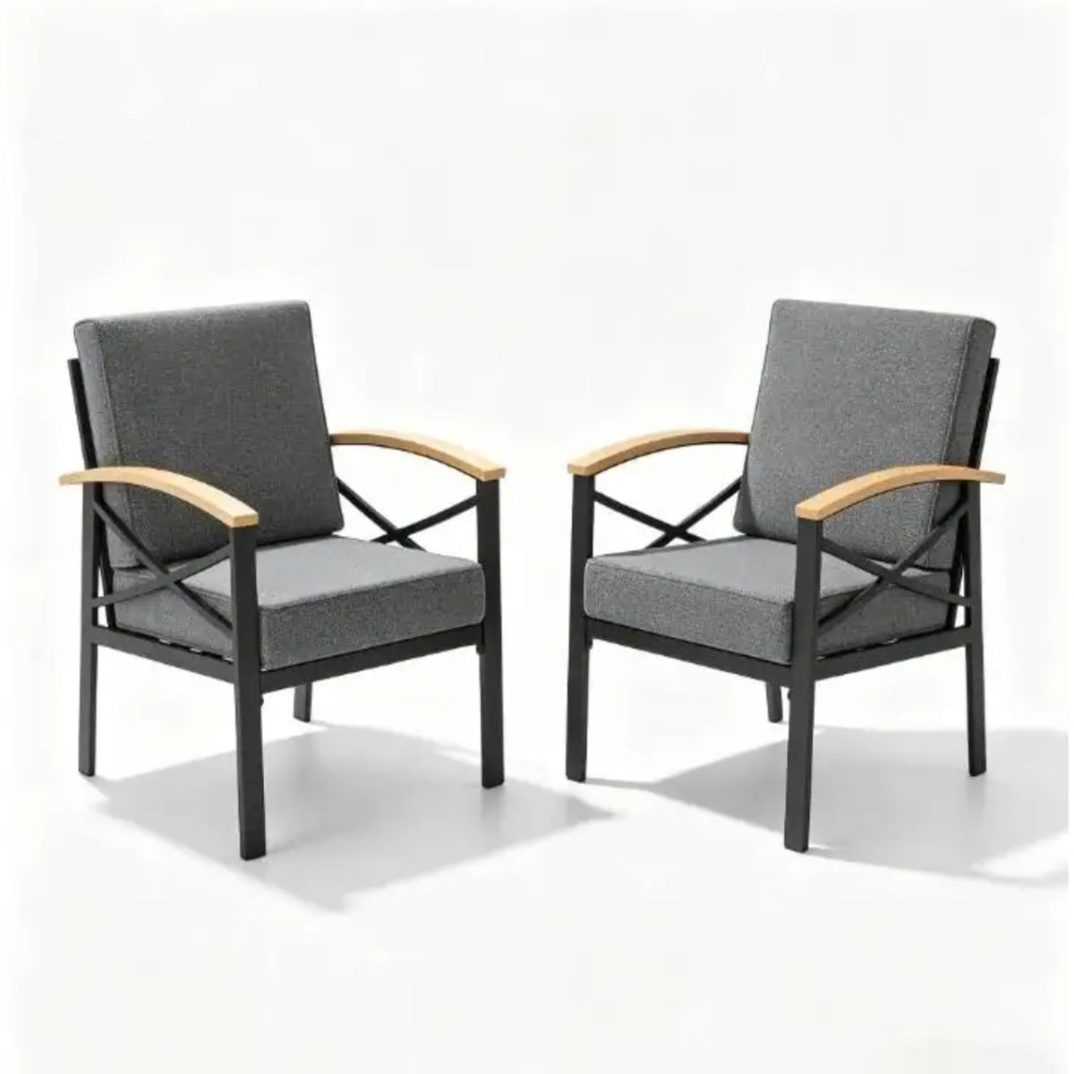 Heavy-Duty Metal Outdoor Patio Armchair Set of 2, All-Weather Gray Cushioned Chairs with Black Powder-Coated Frame and Washable Fabric