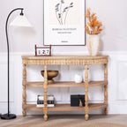 Handcrafted Wood Console Table with Hand-Woven Trim, 3-Tier Storage Shelves, Oval Entryway Table with Carved Legs, Rustic Coastal Farmhouse Accent Table, 49' Hallway Sofa Table