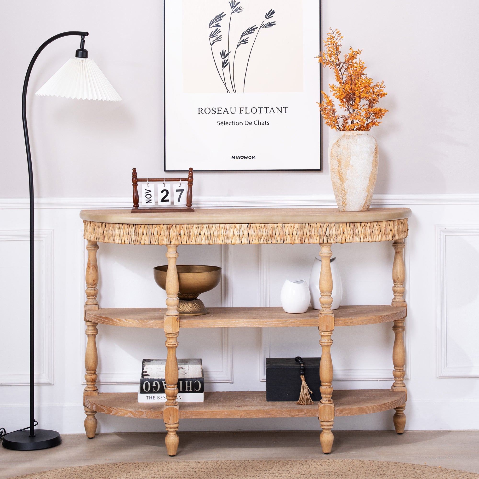 Handcrafted Wood Console Table with Hand-Woven Trim, 3-Tier Storage Shelves, Oval Entryway Table with Carved Legs, Rustic Coastal Farmhouse Accent Table, 49' Hallway Sofa Table