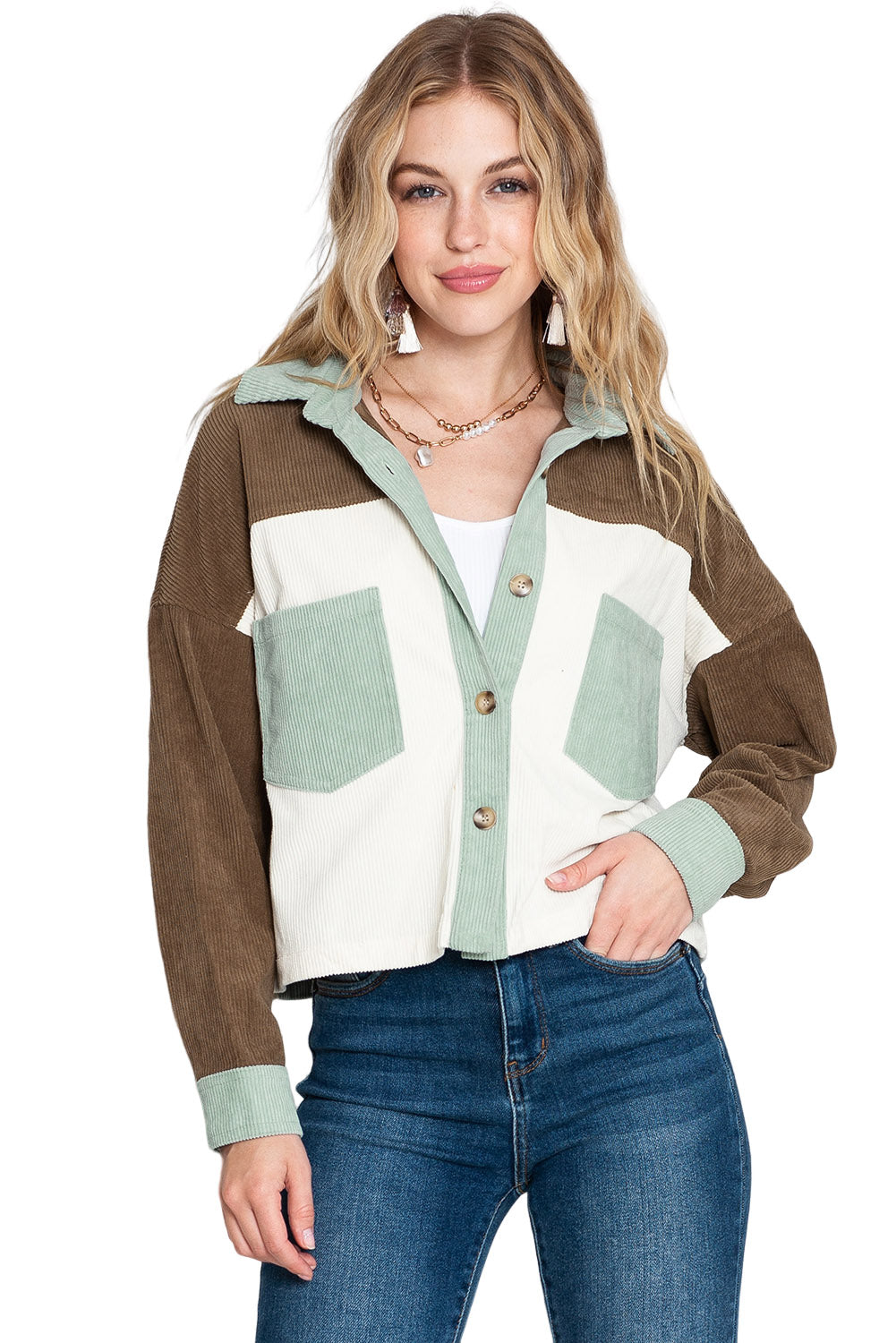 Green Color Block Button Up Cropped Corduroy Jacket - Eloy Royal