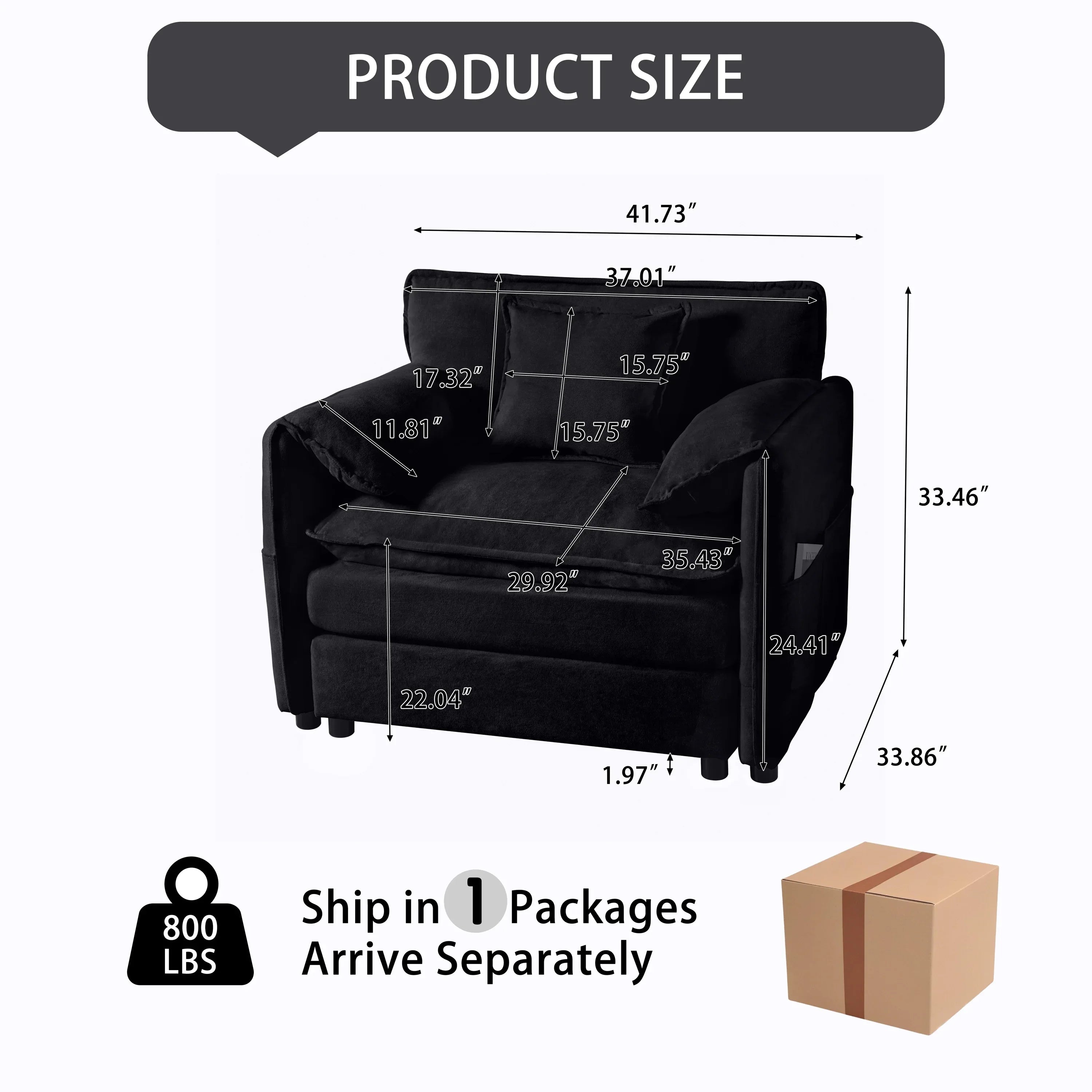 (Old:W3163P269209) Oversized 41.73' Chenille Armchair with 1 Toss Pillow, Modern Modular Reading Chair for Living Room or Bedroom, Deep-Seat DIY Sectional Sofa,Chenille,Black - Eloy Royal