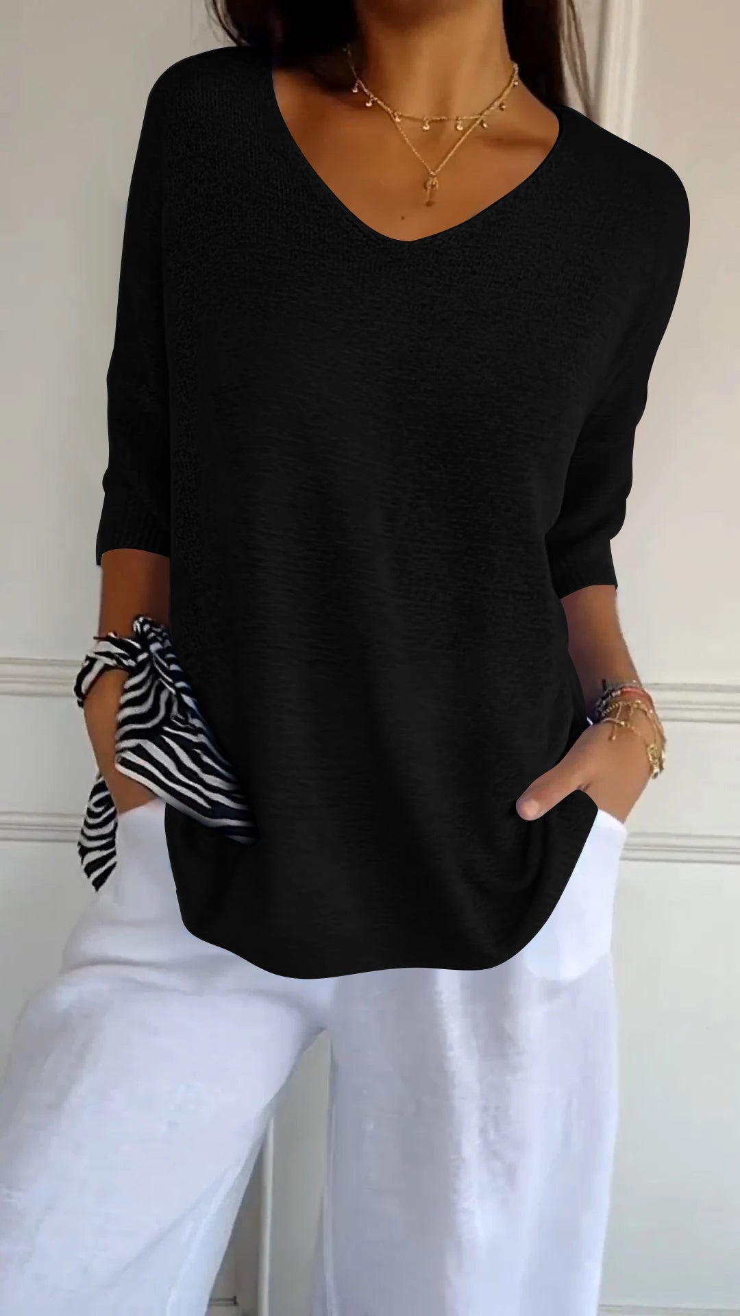 Solid Long Sleeve Sweater Slimming V-neckline Knitwear Women's Bottoming Shirt