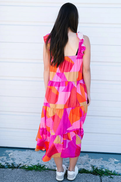 Multicolour Boho Geometric Ruffle Strap Tiered Midi Dress - Eloy Royal