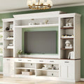 Farmhouse 4-Piece Entertainment Center with Bookshelf for TVs Up to 70', Walnut TV Stand with Adjustable Shelves, Mid-Century Media Console with Wine Rack for Living Room, White(OLD SKU: N721S000046K)