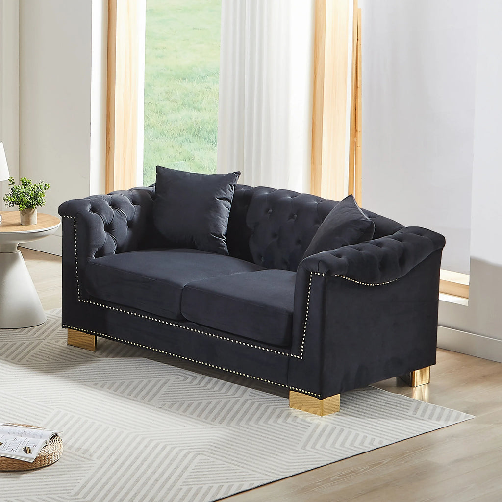 {Video] Classic Modern Style Sofa, 62-inch Chesterfield Classic Rolled Arm Tucked-in Nailhead Decor Cloud Two-Seater Velvet Sofa, Luxury Double Sofa Suitable for Living Room, Bedroom, Apartment, - Eloy Royal