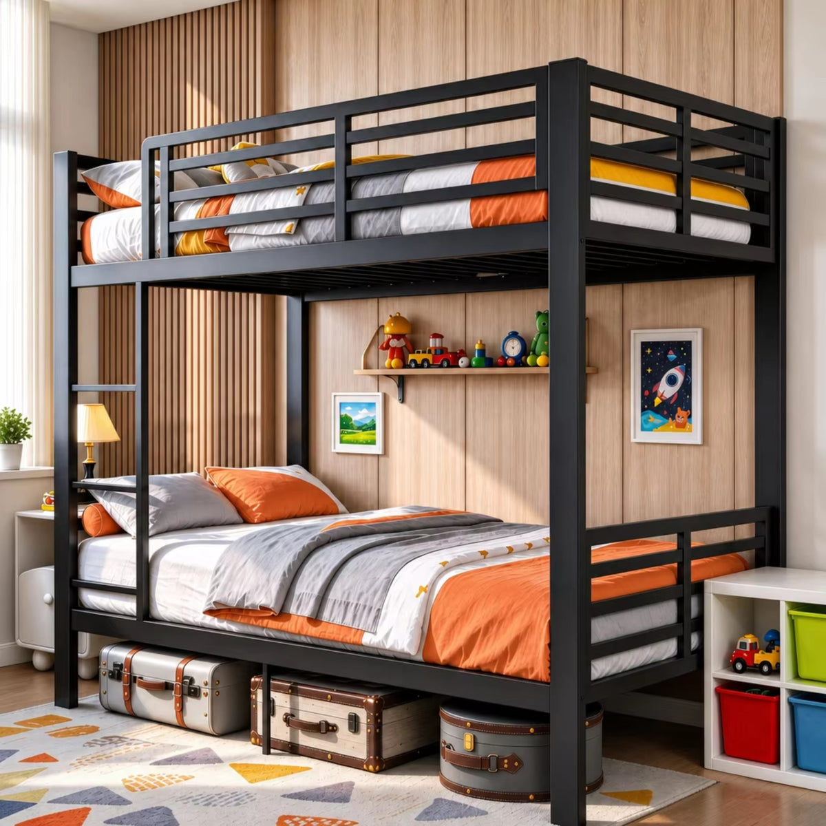 Twin over Twin Metal Bunk Bed Frame with 3' Heavy Duty Steel Posts, 14' High Safety Guardrail, Integrated Ladder & Noise-Free Slat Support, No Box Spring Needed, Black