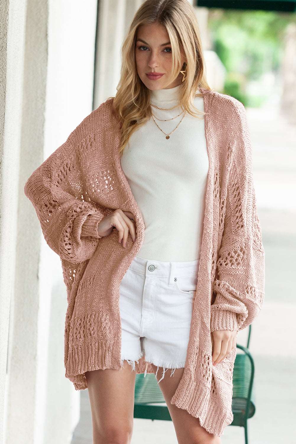 Apricot Casual Hollowed Knit Dolman Sleeve Cardigan