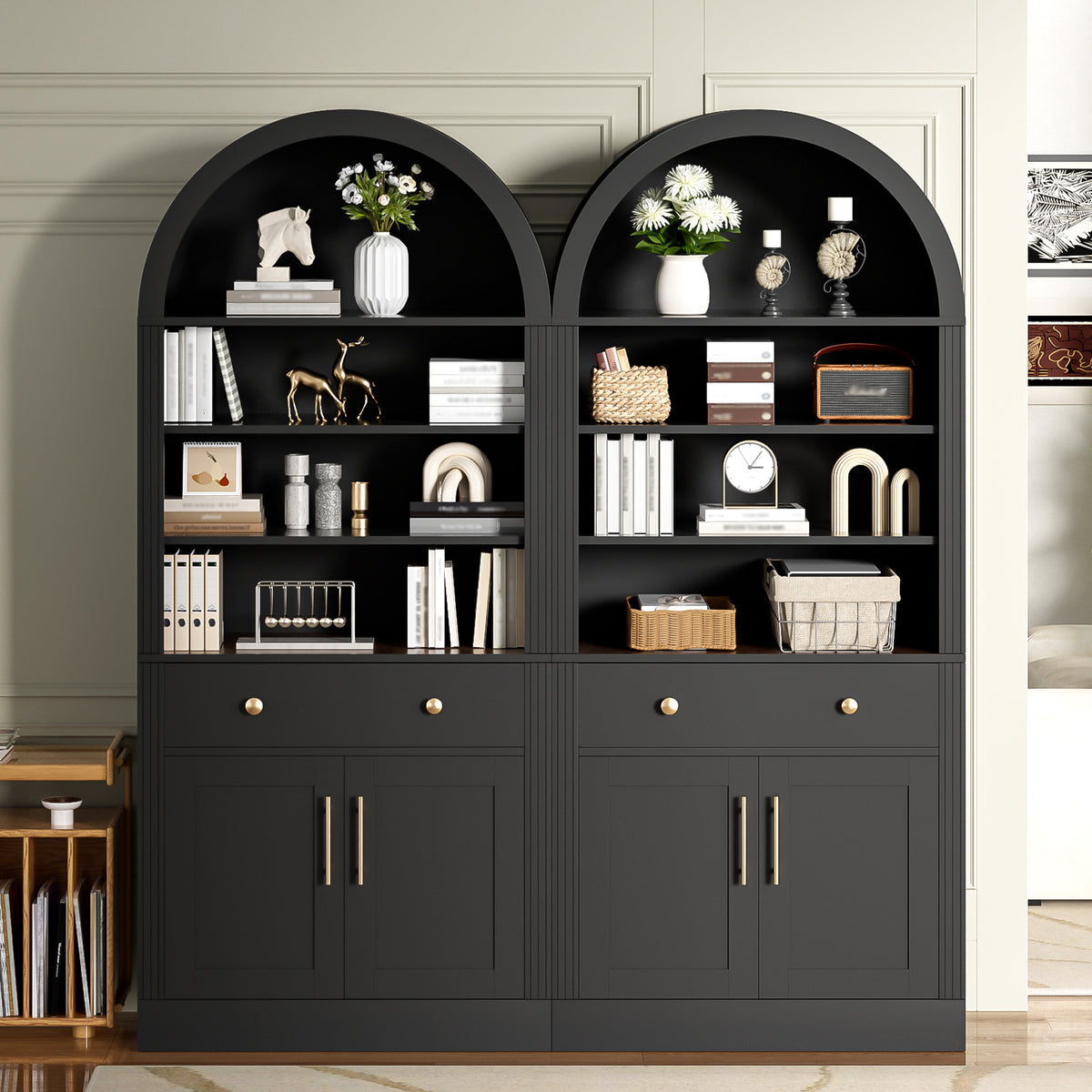 Arched Bookshelf Suite with Storage Cabinet,Tall Display Bookcase with Drawer Doors and Adjustable Shelves,Freestanding Kitchen Pantry Cabinet for Living Room,Home Office,Bathroom,Black